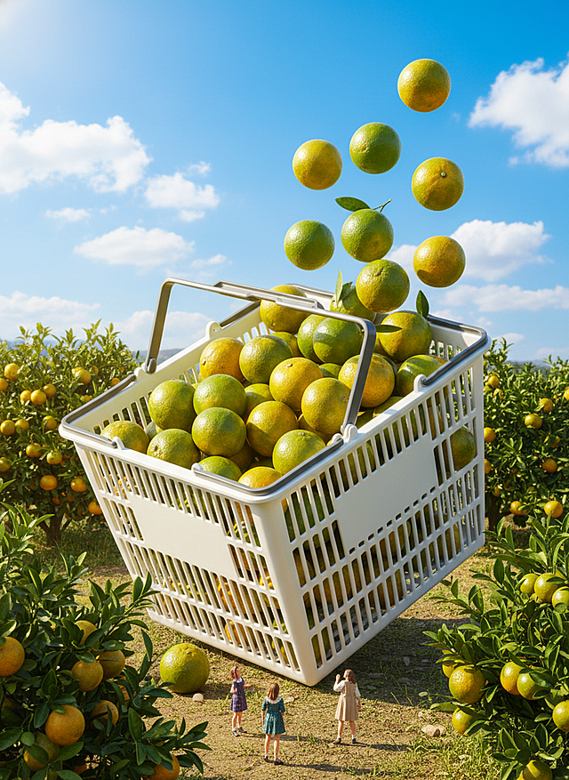 画面的主体是一个向镜头倾斜的白色塑料购物篮，将画面中的主新会柑提取到白色塑料购物篮里撑满画面，主体重复的、拥挤的、密集且杂乱堆叠，堆满内部，有的图片中的主体向镜头飞过来，高饱和色调。背景是一个蓝天白云的田园场景：周围都是新会柑树。三位穿着复古裙装的小人看着购物篮。
