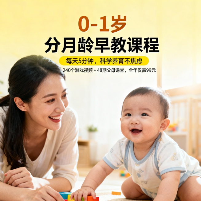 第一张主图帮我修改：
1、标题注意排版：
第一行“0-1岁”，第二行“分月龄早教课程”
2、图片的比例改为1：1
3、使用妈妈带宝宝开心做游戏的画面预览效果