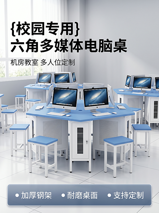[主图 1] 学校多媒体教室六角电脑桌全景场景首图。
[氛围风格] 专业整洁商用场景，明亮现代校园风格；
[画质] 商业摄影质感、光线柔和通透、产品清晰真实、画面干净高级。
[元素] 蓝色六边形电脑桌居中放置在明亮的现代化多媒体教室内，墙面为浅灰白，地面为白色防滑瓷砖，窗边有自然光线射入，搭配配套蓝色方形凳子，电脑主机放置在桌下镂空处，桌面摆放iMac一体机，保持产品外观结构材质颜色与参考图绝对一致，杜绝变形色差。商品主体占比约70%，画面满屏无边框。
[光影] 主光为侧向自然窗光，明亮柔和，辅光为室内漫反射填充，高光不溢出，暗部有层次，整体通透干净。
[配色] 主色蓝色桌面配白色钢架，背景为浅灰墙面，简洁专业。
[视角构图] 正面45度平视拍摄，轮廓完整无裁切，空间层次分明。
[文字版式] 左上负空间左对齐留安全边距，主标题 "{校园专用} 六角多媒体电脑桌" 黑色最大粗体无衬线；副标题 "机房教室 多人位定制" 半高同色。底部通栏半透明渐变蒙层均分三列，左「● 加厚钢架」中「● 耐磨桌面」右「● 支持定制」文字清晰对比强。
[比例分辨率] 3:4 比例，2k 分辨率；文字清晰锐利，超高清。
[负向提示词] 变形，水印，文字错乱，产品图模糊，背景杂乱。