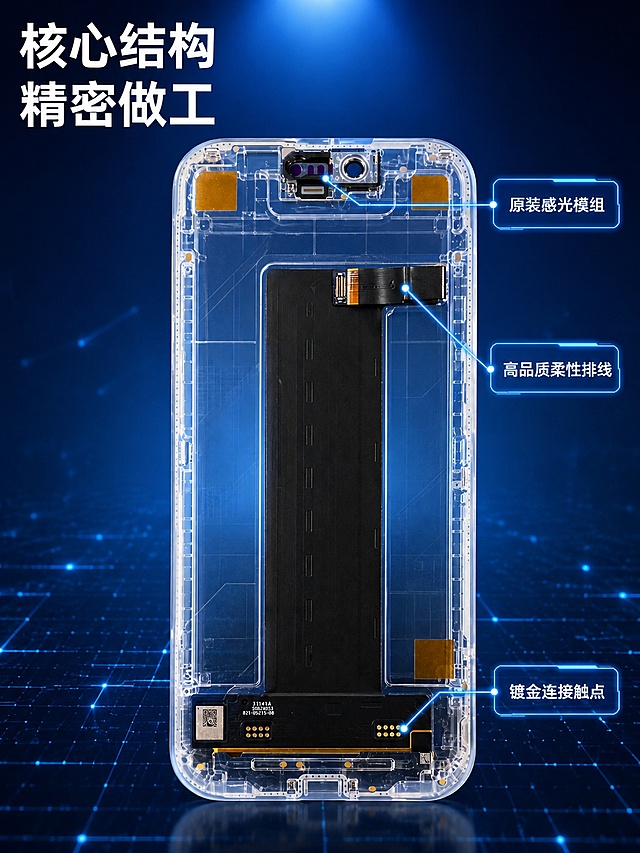 [主图-3] 屏幕总成核心结构透视展示图，[氛围风格] 科技解构风，精密感；[画质] 结构清晰，标注锐利，超高清质感；[元素] 产品整体用透明透视外壳展示内部结构，屏幕总成放置画面中心，用蓝色引线标注三个核心部件；保持产品内部结构位置和细节与输入产品图一致，不改变零件位置；[光影] 深蓝科技渐变背景带蓝色网格光点，顶部打亮产品，结构线条通透，引线发光点缀，明暗清晰；[配色] 背景深蓝渐变，透明外壳浅蓝，引线发光蓝色，标注文字白色蓝底；[视角构图] 中心平视构图，完整展示产品整体结构，不裁切；[文字版式] 左上角大标题“核心结构 精密做工”，白色粗体大号字；右侧三个标注框分别为“原装感光模组”指向摄像头部位、“高品质柔性排线”指向排线部位、“镀金连接触点”指向底部触点区域，蓝色描边白色文字，清晰指示，不遮挡核心结构；[输出要求] 3:4比例，宽度900，高度1200，结构清晰文字可读；[负向提示词] 结构错乱，文字变形，遮挡主体，水印，电商平台Logo