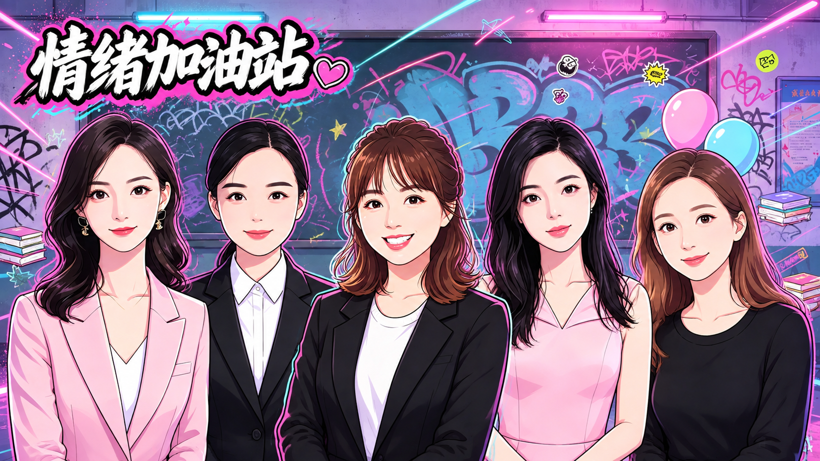 将5张参考图中的5位不同女性人物合并到同一张画面中，5位人物的… - 图片创意预览
