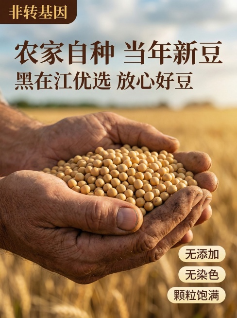 创意场景：展示手捧黄豆的农民局部特写，粗糙的双手捧着饱满的黄豆，背景虚化农田，真实淳朴质感，自然侧光，高级朴实风格，产品外观保持一致，3:4比例，2K分辨率预览效果