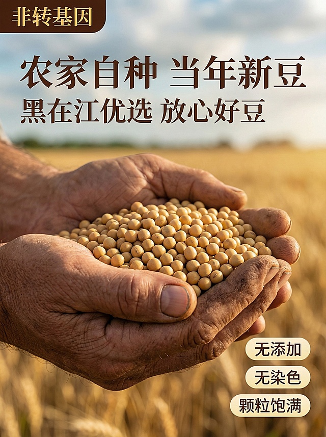 创意场景：展示手捧黄豆的农民局部特写，粗糙的双手捧着饱满的黄豆，背景虚化农田，真实淳朴质感，自然侧光，高级朴实风格，产品外观保持一致，3:4比例，2K分辨率