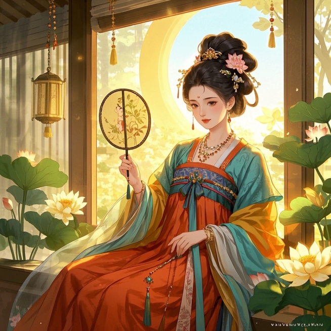 工笔，女生，手持刺绣圆扇，斜倚在窗边，阳光明媚，周围莲花环绕，明艳动人，恢弘华丽的唐代宫廷场景预览效果