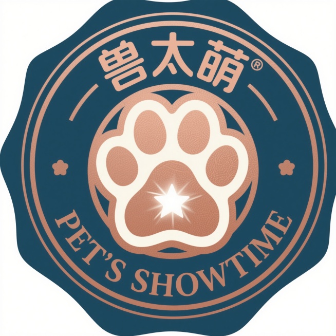 宠物公司logo设计，简约徽章式，中心是带闪耀星星的狗爪印，外围优雅圆形边框，复古扁平图标风格，配色为深藏青色、暖铜色、奶油白，文字“兽太萌”和“PET'S SHOWTIME”环绕边框，现代衬线字体，预览效果
