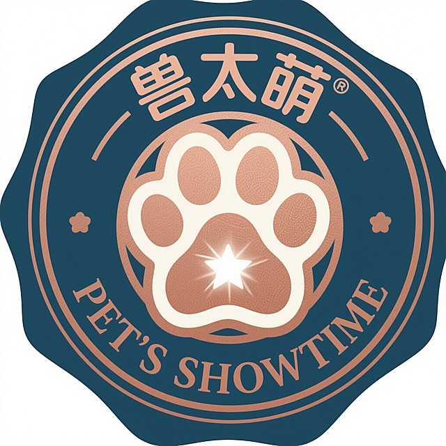 宠物公司logo设计，简约徽章式，中心是带闪耀星星的狗爪印，外围优雅圆形边框，复古扁平图标风格，配色为深藏青色、暖铜色、奶油白，文字“兽太萌”和“PET'S SHOWTIME”环绕边框，现代衬线字体，专业、值得信赖、高端风格，包含精致细节，孤立在纯白色背景上