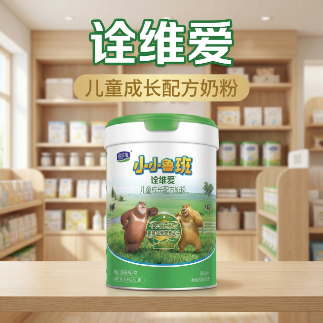 [主图 0] 奶粉品牌首图焦点图
[氛围/风格] 专业温馨母婴店实景风格
[画面元素] 商业摄影质感、光线柔和通透、产品清晰真实、画面干净高级。保留原图奶粉罐完整外观不修改，奶粉罐居中放大展示，背景为预览效果
