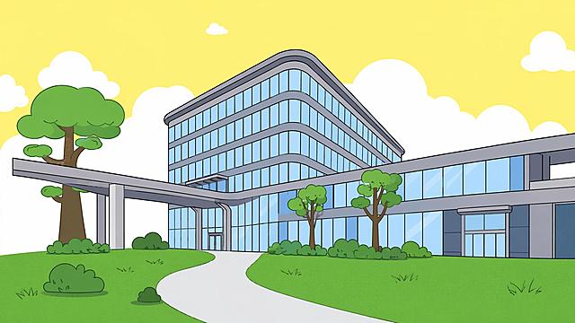 参考图1的简约卡通插画风格，将图2的真实大楼替换成图1的建筑主体位置，保留草地绿植，去掉所有文字和其他额外元素，保持原有的绿色草地和蓝天白云背景，整体保持卡通简约插画风格