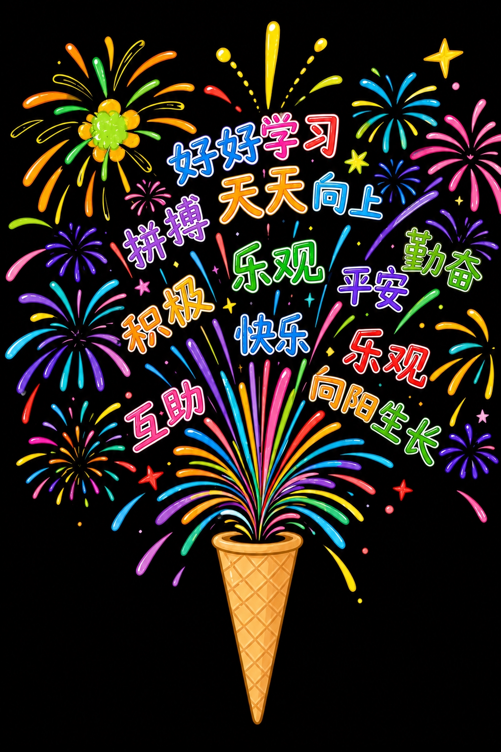 将背景改为纯黑色，保留所有彩色烟花图案和文字（好好学习、天天向… - 图片创意预览