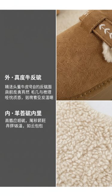 排版：左文右图，6:4比例

左侧文案：
「外·真皮牛反绒
精选头层牛皮背部的反绒面
保留皮革天然毛孔与纹理
哑光质感，随穿着愈发温润

内·羊羔绒内里
高密度短绒，蓬松柔软
亲肤锁温，如云包裹」
（预览效果