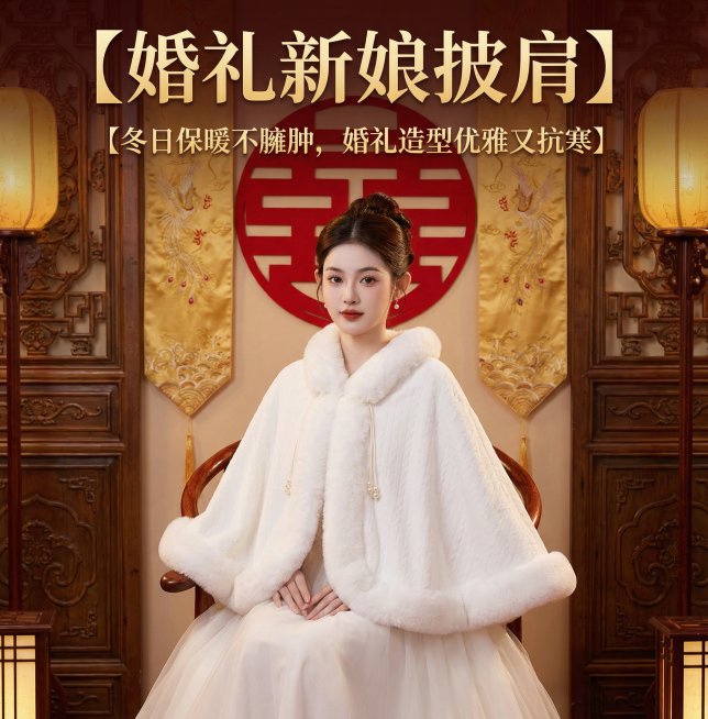 这是一款婚礼新娘披肩，换个背景，喜庆一点，添加【婚礼新娘披肩】【冬日保暖不臃肿，婚礼造型优雅又抗寒】文字，图中的人物姿势不变，衣服款式不变，不要让新娘悬浮在空中预览效果