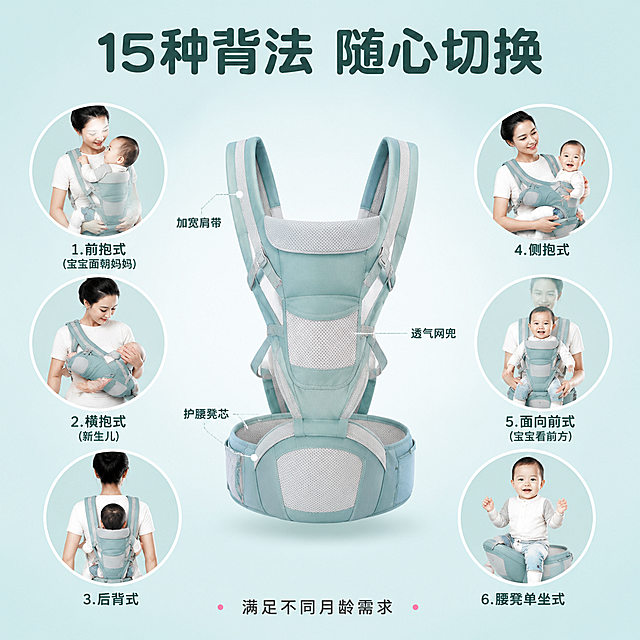 [主图-2] 婴儿背带15种背法功能展示图。
[氛围风格] 干净明亮 功能说明感 柔和专业 母婴友好。
[画质] 商业摄影质感 光线均匀柔和 产品清晰真实 画面干净高级 超高清细节。
[元素] 画面中央展示浅蓝绿色婴儿背带腰凳的完整正面全貌 背带平铺展开 肩带腰凳网面结构清晰可见。周围环绕6个圆形小画中画 每个画中画展示一种不同的背法使用场景：1.前抱式（宝宝面朝妈妈）2.横抱式（新生儿）3.后背式 4.侧抱式 5.面向前式（宝宝看前方）6.腰凳单坐式。每个画中画都有同一位亚洲妈妈和宝宝 使用同款背带 动作自然安全。**保持婴儿背带腰凳外观（即物理结构、材质质感、浅蓝绿色+灰色网面配色）与输入产品图绝对一致 杜绝任何变形和色差 精细化处理**。商品主体占比约55% 画中画环绕分布。背景为纯净的浅蓝绿色渐变 从中心浅白向四周过渡到淡蓝绿。
[光影] 均匀柔光棚拍效果 主光从正上方偏前打来 产品各面受光均匀 网面有通透感 卡扣有轻微高光 整体明亮干净 阴影柔和。
[配色] 主色浅蓝绿+白色；辅色深灰绿（文字）+浅粉点缀。
[视角构图] 正面平视 中央大背带为主视觉 6个圆形画中画均匀分布在四周 形成放射状构图 每个画中画下方有文字标注 整体平衡对称。
[文字版式] 顶部居中大标题"15种背法 随心切换" 圆润粗黑体 深灰绿色 字号最大。中央背带两侧有细引线指向关键结构 分别标注"加宽肩带" "透气网兜" "护腰凳芯"。6个圆形画中画下方各标注背法名称 如"前抱式" "横抱式" "后背式"等 小号圆润字体 深灰色。底部一行小字"满足不同月龄需求" 居中排列。
[输出要求] 1:1比例 文字清晰锐利 画面超高清商业摄影质感。
[负向提示词] 变形 文字错乱 产品图模糊 背景杂乱 水印 电商平台Logo 画中画内容重复。