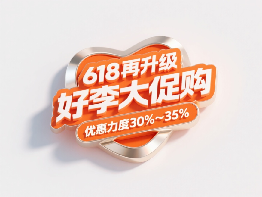 一个徽章，徽章上是白色金属质感立体大字“618再升级 好李大促购 优惠力度30%～35%。整体配色为橙色为主，风格活泼醒目，突出文案，背景为白色渐变预览效果