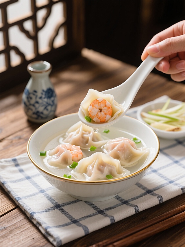 一张写实风格的美食摄影，画面中心是一只盛在带有金色描边的白色瓷碗中的鲜虾馄饨，馄饨皮薄透亮，隐约可见饱满的粉色虾仁馅料，清澈的汤水中漂浮着几颗嫩绿的葱花；一只手正用白色瓷勺舀起一颗馄饨，馄饨在勺中微微晃动，汤汁欲滴，营造出动态的瞬间感；背景更换为古色古香的木质餐桌上铺着素雅的蓝白格子餐布，旁边点缀着一个小巧的青花瓷醋瓶和一小碟切好的嫩姜丝，整体色调温暖柔和，光线从斜上方洒下，在碗边和馄饨表面形成细腻的高光和柔和的阴影，突出食物的质感和新鲜感，氛围温馨诱人，能在短时间内清晰传达出中式传统美食的精致与美味。
