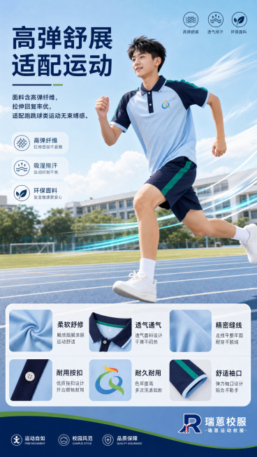电商海报设计，瑞蒽运动校服，主标题文案"高弹舒展适配运动"，副标题文案"面料含高弹纤维，拉伸回复率优，适配跑跳球类运动无束缚感"，画面展示男生穿着瑞蒽校服在操场奔跑，整体风格清新运动风，尺寸为竖版海报预览效果