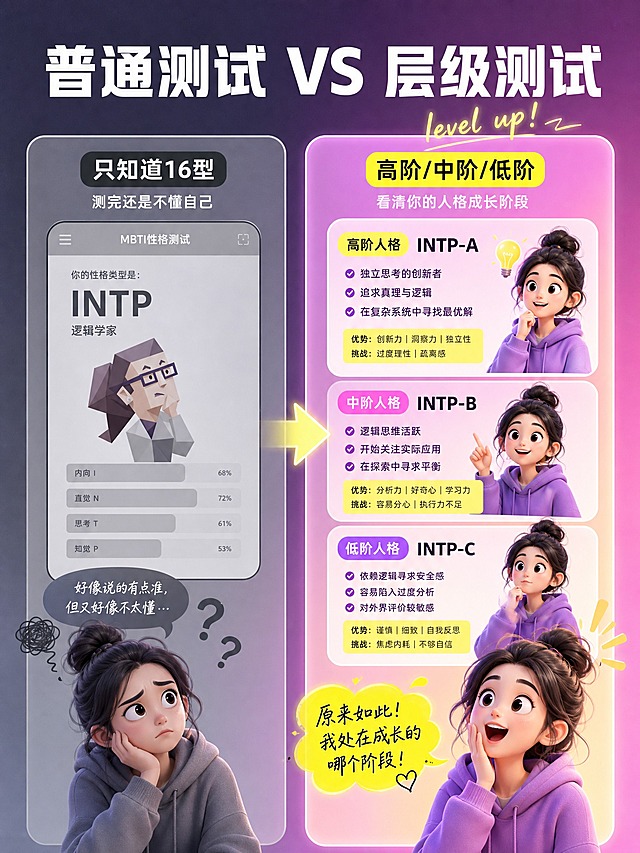 [主图-2] 痛点对比图，普通MBTI测试 vs 高阶中阶低阶测试的差异。
[统一基调] 小红书原生感潮流风格，年轻有活力，紫粉渐变主色调，搭配荧光黄强调色，手写体装饰词增加氛围感，现代无衬线粗体标题，圆角卡片组件，柔和光影。
[画面] 左右分栏对比构图，左侧灰色调代表普通测试，只有简单的16型结果界面，人物表情困惑；右侧亮色调代表高阶中阶低阶测试，展示三层级详细报告，人物表情惊喜恍然大悟。中间用箭头连接表示升级，背景延续紫粉渐变，主体占画面70%。
[光影质感] 左侧冷灰调弱光，右侧暖粉调明亮光，对比强烈，整体商业插画质感。
[配色] 左半部分冷灰色系，右半部分紫粉渐变+荧光黄强调，标题白色。
[文字版式] 顶部大标题「普通测试 VS 层级测试」，左侧小标题「只知道16型」配小字「测完还是不懂自己」，右侧小标题「高阶/中阶/低阶」配小字「看清你的人格成长阶段」，文字横排，不遮挡主体人物。
[输出要求] 比例3:4，2K分辨率，文字清晰，画面干净，负向：变形 错字 模糊 杂乱 水印 平台Logo 二维码 微信。