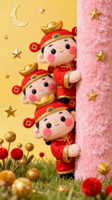 三个穿着红色传统唐装、戴着金色元宝帽的毛绒小财神，脸颊圆润泛红，睁着乌溜溜的大眼睛，堆叠在一起从粉色毛绒柱子后探出身子，周围是金色星星和弯月，脚下是开满金色和红色绒球花的草地，整体呈现温暖喜庆的毛绒质感，柔和的暖黄色调，营造出欢乐吉祥的发财氛围。预览效果