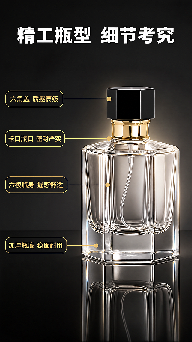 [商品] 使用参考图中HYD1052 50ml金盖款（图1）；严格保留六棱切面瓶身、透明厚底玻璃、黑色六角盖、金色中圈、15mm卡口瓶口、内部吸管结构；瓶身比例、部件位置、颜色材质完全按原图，不增删部件。
[画面] 目标：瓶型结构解析，展示设计亮点。产品居中偏右，占画面50%，正面微侧15度角；左侧4条金色细线引线从瓶身关键部位引出，指向左侧文字标签；背景为深炭灰渐变+底部黑色反光台面，瓶底有清晰倒影；瓶身周围有微弱光晕；阅读动线从左引线标签到瓶身对应部位。
[视觉] 套系策略：风格=1688工厂批发商务风；标题字=粗黑体；正文字=常规黑体；主色=深炭灰+金色；背景延展=深灰渐变底+反光台面；强调色=金色；标题色=白色；正文色=浅灰；组件=金色细线引线、圆点端点、深底金字圆角标签卡；光影=侧前主光+底部反光，突出玻璃质感与金属光泽。
[文字] 顶部主标题大号白色字："精工瓶型 细节考究"；左侧4条引线标注，从上到下："六角盖 质感高级"（指向瓶盖）、"卡口瓶口 密封严实"（指向瓶口中圈）、"六棱瓶身 握感舒适"（指向瓶身中部）、"加厚瓶底 稳固耐用"（指向瓶底）；标签卡为深灰底金色字，圆角矩形；文字全部横排，不遮挡瓶身主体。
[规格] 9:16竖版，width=1080，height=1920，4K，负向提示：螺口瓶口、结构错误、瓶型变形、文字遮挡主体、竖排文字、分装操作。