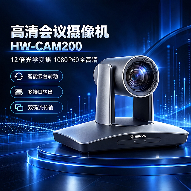 京东电商详情页第1张（头图），1:1正方形，黑色+深蓝色科技商务风格，不要红色。画面主体为银灰色高清会议摄像机HW-CAM200，产品保留原图结构、颜色、HENVA品牌标识和U型支架造型，增强金属质感与镜头玻璃反光。背景为深蓝黑色渐变科技感背景，带微弱发光线条和数据粒子效果。左上大标题："高清会议摄像机 HW-CAM200"，副标题："12倍光学变焦 1080P60全高清"，下方3个卖点胶囊："智能云台转动"、"多接口输出"、"双码流传输"。产品占画面约55%，位于右侧偏中位置，左侧留白放文案。整体专业、严谨、科技感强，适合京东数码品类。4K超清，无水印，无红色元素。