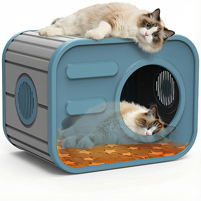 生成了顶部慵懒趴着圆眼布偶猫(好奇表情)的画面，整体干净通透，色调柔和温暖，质感符合高清商品展示图要求，背景为纯白无杂物。四张图，高清，4k