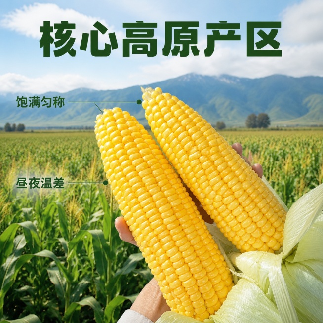 [主图-2] 高原产地溯源核心亮点图，展示玉米田采摘场景。[氛围风格] 自然原生态，真实产地氛围，新鲜度拉满。[画质] 商业摄影质感、光线柔和通透、产品清晰真实、画面干净高级。[元素] 一只手拿着两颗预览效果