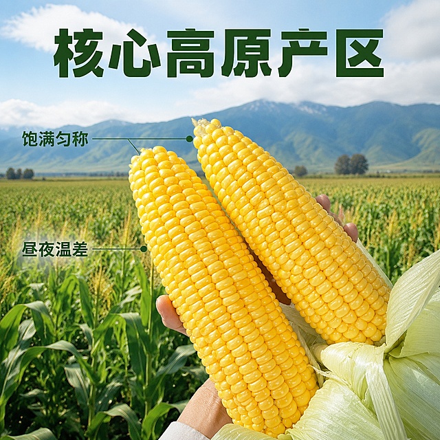 [主图-2] 高原产地溯源核心亮点图，展示玉米田采摘场景。[氛围风格] 自然原生态，真实产地氛围，新鲜度拉满。[画质] 商业摄影质感、光线柔和通透、产品清晰真实、画面干净高级。[元素] 一只手拿着两颗剥好的金黄甜玉米，背景是广阔的绿色玉米田，远处山峦若隐若现，充满高原种植的自然氛围感。保留产品外观、物理结构、材质质感、颜色与输入产品图绝对一致，杜绝任何变形和色差，精细化处理。商品主体占比约65%，画面层次清晰。[光影] 自然日光，整体明亮通透，突出玉米和自然环境的清新感。[配色] 绿色背景搭配金黄玉米，自然清新，对比鲜明。[视角构图] 平视带一点仰视角，突出产地开阔感，主体玉米在视觉中心。[文字版式] 画面上方大字号 "核心高原产区"，深绿色粗体，下方左侧用细引线连接标注各部位亮点：引线指向玉米 "饱满匀称"，指向背景田地 "昼夜温差"，文字清晰，字号适中，不遮挡主体。[输出要求] 1:1比例，文字清晰锐利，图片真实清晰超高清商业摄影质感，图片大小约2.8mb。[负向提示词] 变形，文字错乱，产品图模糊，背景杂乱，水印，电商平台Logo。