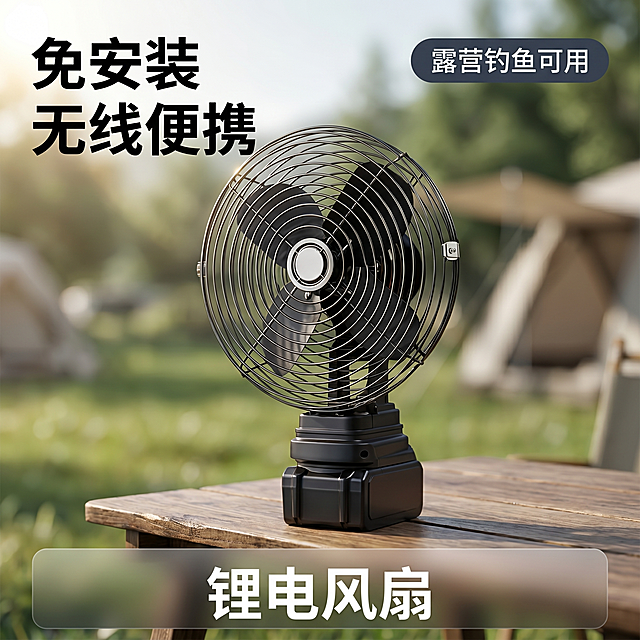 [主图 1] 锂电风扇户外露营场景首图
[氛围风格] 专业品质科技风，户外露营休闲氛围感
[画质] 商业摄影质感，光线柔和通透，产品清晰真实，画面干净高级
[元素] 黑色锂电电风扇居中放置，保持产品外观结构、材质质感、颜色与输入产品图绝对一致，杜绝任何变形和色差，精细化处理。商品主体占比严格控制在 65% 左右，放置在户外露营地的木质桌面上，背景虚化的草地树林营造层次感，画面满屏无边框
[光影] 自然光从侧面照射，形成清晰轮廓光，金属网罩产生细腻高光反光，产品底部有自然柔和投影，整体光影明暗层次分明，清晰突出产品质感
[配色] 主色调是产品本身黑色金属银，背景为自然浅绿棕色调，和谐不抢主体
[视角构图] 正面平视，产品为绝对视觉中心，景深适中，产品完整不裁切
[文字版式] 左上负空间左对齐留安全边距，大字主文案“免安装 无线便携”黑色粗体无衬线；右上角胶囊标签“露营钓鱼可用”白色字深灰底；底部通栏半透明渐变蒙层，大字写“锂电风扇”突出产品名称。文字清晰不遮挡主体，深底亮字对比明显
[比例分辨率] 1:1 比例，2k 分辨率，文字清晰锐利，超高清
[负向提示词] 变形，水印，文字错乱，产品图模糊，背景杂乱，遮挡主体
