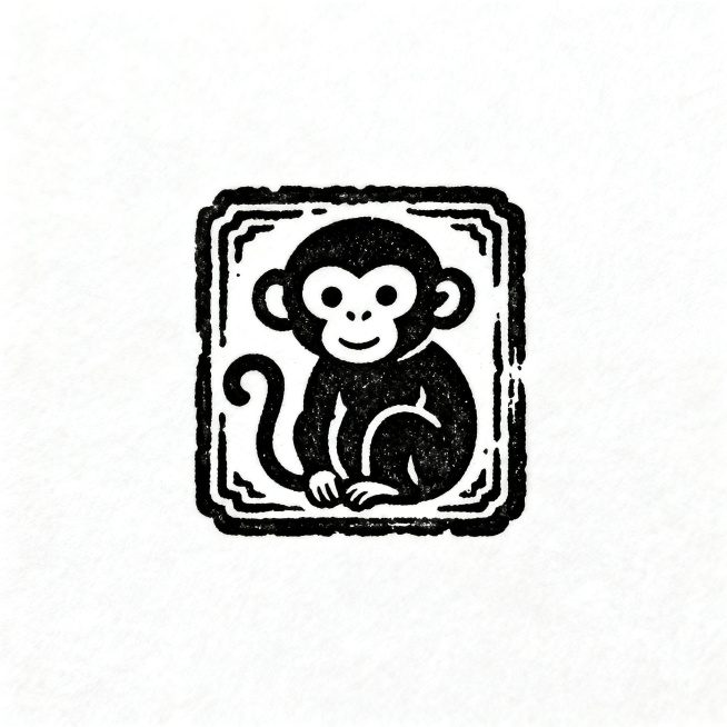 2.5cm*2.5cm正方形篆刻印章图案，带有外框，印章内容是一只可爱的猴子，适合传统篆刻风格，线条古朴清晰预览效果