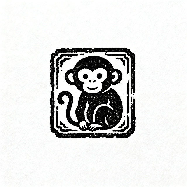 2.5cm*2.5cm正方形篆刻印章图案，带有外框，印章内容是一只可爱的猴子，适合传统篆刻风格，线条古朴清晰