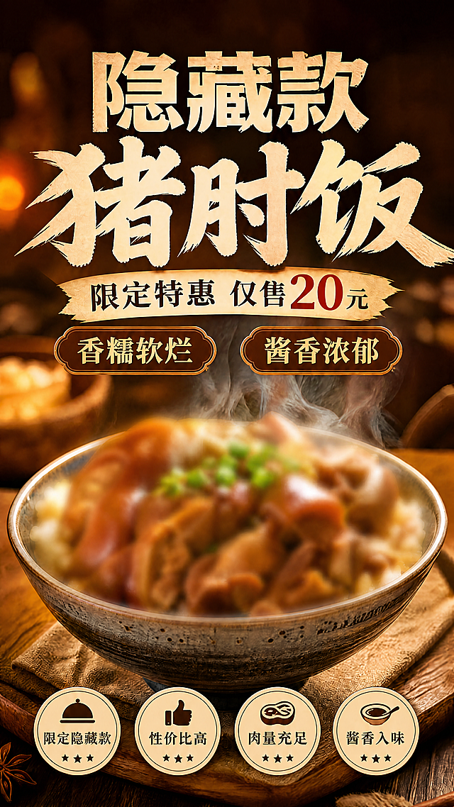 在原图基础上修改，将碗中的猪肘饭整体做模糊处理，保留文字和其余部分清晰，凸显隐藏款的神秘感，整体风格、色调、排版和所有文案均保持不变，依旧为写实商业摄影风格的餐饮促销竖版海报，暖光光影，渐变暖棕色背景，排版精美，层次分明，文字清晰可读，9:16竖版，4K超高清