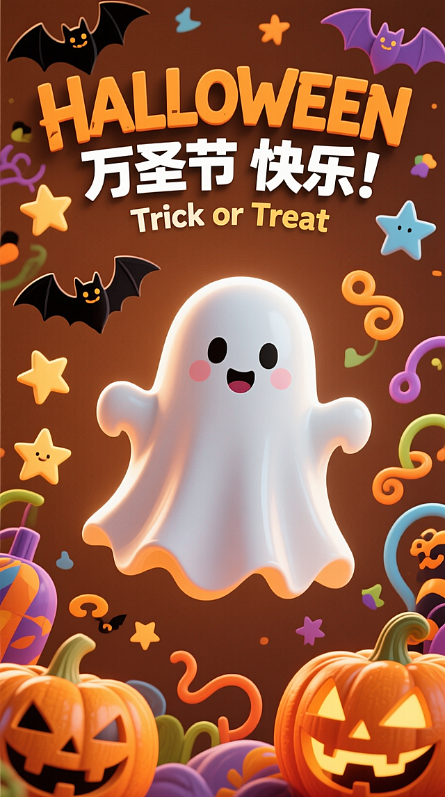 主体是造型灵动、表情可爱的幽灵形象；围绕幽灵装饰蝙蝠、星星、曲线、南瓜灯万圣节装饰。棕色背景。主标题“HALLOWEEN”“万圣节 快乐！”，副标题“Trick or Treat"