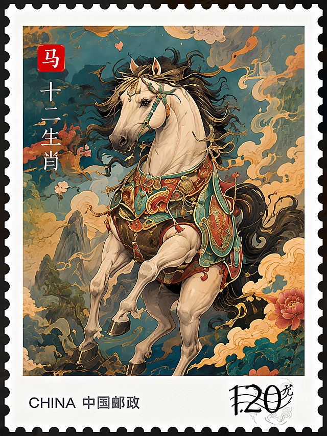 单独提取图片中间第三个的马生肖邮票，保持国潮插画风格，保留"马 十二生肖 CHINA中国邮政 1.20元"文字信息，完整复刻原有内容和设计排版
