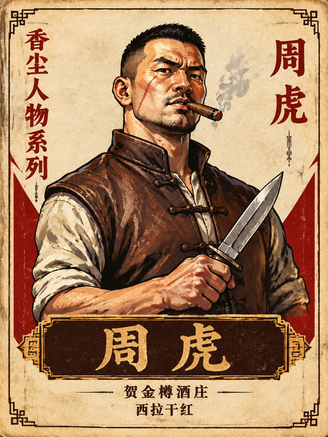 平面酒标设计，香尘人物系列，竖长方形构图。米白色做旧纸张质感背… - 图片创意预览