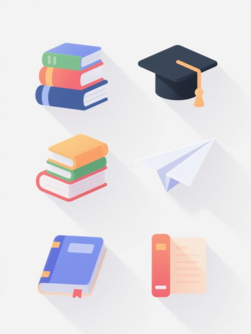 白色背景上，6个不同配色、不同样式、不同材质的教育元素整齐排列，采用简约现代的扁平插画风格，主体元素具有柔和渐变色彩和光滑圆润的边缘，微妙的光影效果增添立体感，教育元素包括堆叠的书本、毕业帽、纸飞机等，整体构图平衡，视觉层级清晰，色彩明快和谐，符合教育主题的积极向上氛围，设计感简洁而富有吸引力。预览效果