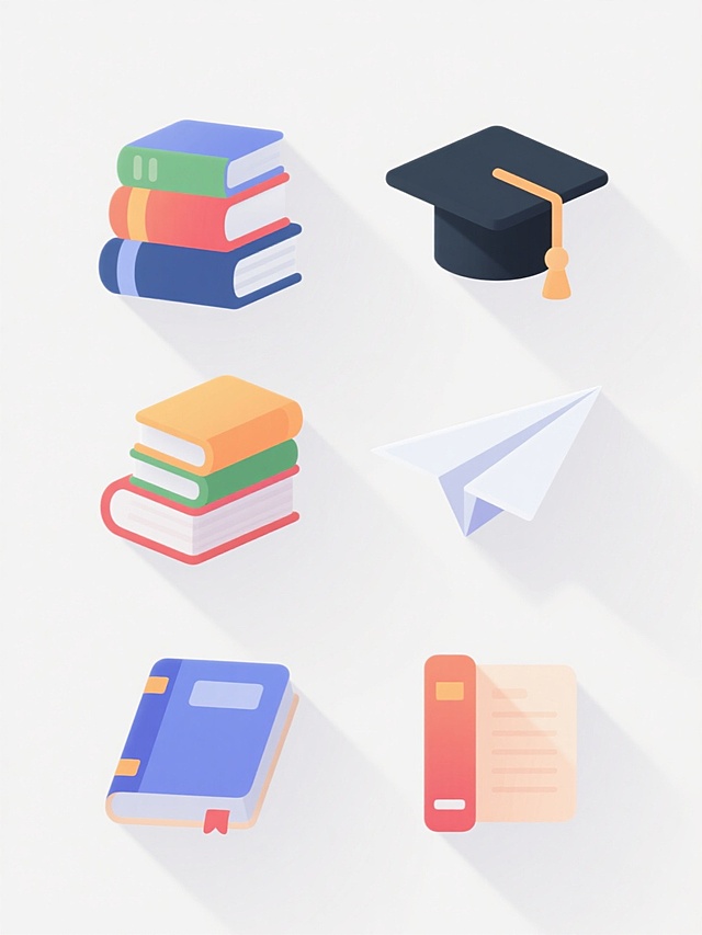 白色背景上，6个不同配色、不同样式、不同材质的教育元素整齐排列，采用简约现代的扁平插画风格，主体元素具有柔和渐变色彩和光滑圆润的边缘，微妙的光影效果增添立体感，教育元素包括堆叠的书本、毕业帽、纸飞机等，整体构图平衡，视觉层级清晰，色彩明快和谐，符合教育主题的积极向上氛围，设计感简洁而富有吸引力。