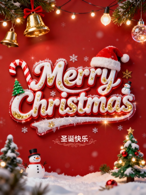 圣诞红背景，中间是圣诞主题的艺术字体“Merry Christmas ”，字体风格充满节日氛围，带有拐杖糖条纹、雪花纹理、金色闪光粒子，字形圆润可爱、略带手写感。字体边缘带有轻微冰霜效果和微光。融入圣预览效果