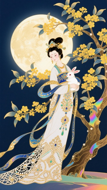 中秋月夜，嫦娥怀抱玉兔站在桂花树下，国潮插画风格，融合剪纸的镂空感和珠绣的立体光泽感，衣裙有精细的刺绣纹理，主色调为月白、黛蓝和金色，充满神秘梦幻的氛围预览效果