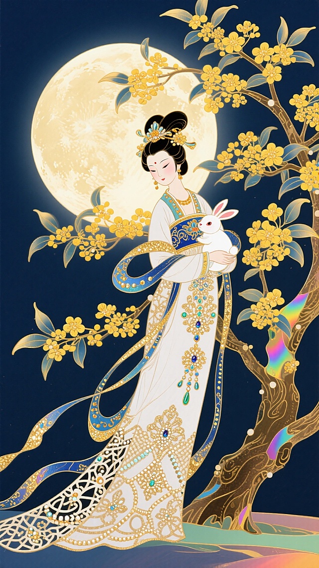 中秋月夜，嫦娥怀抱玉兔站在桂花树下，国潮插画风格，融合剪纸的镂空感和珠绣的立体光泽感，衣裙有精细的刺绣纹理，主色调为月白、黛蓝和金色，充满神秘梦幻的氛围