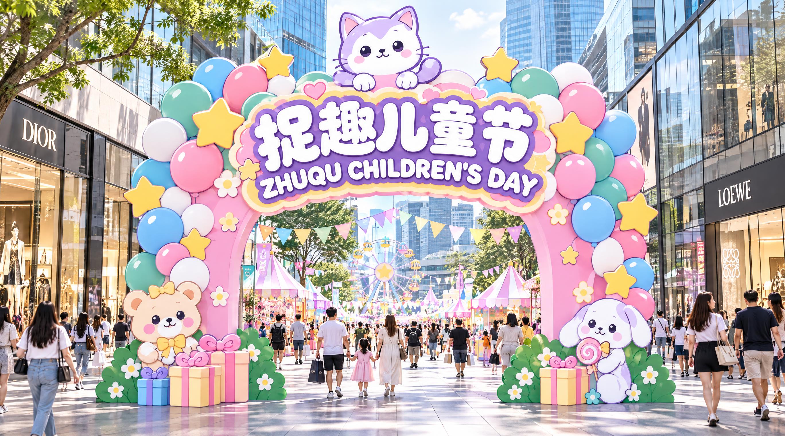 将参考图中的捉趣儿童节市集主门头2D扁平设计稿制作成实景效果图… - 图片创意预览