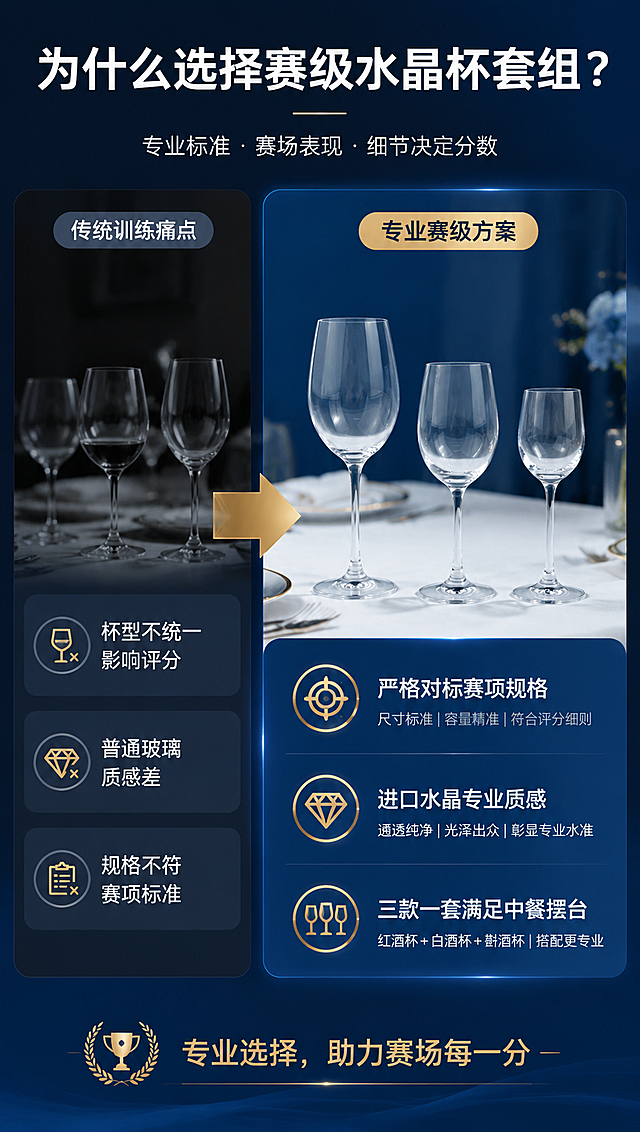[商品] 使用【图1】玻璃杯三件套；保留三款杯的结构、比例与透明水晶材质；作为右侧解决区域的核心产品展示，杯体清晰完整。
[画面] 目标：中餐服务赛项痛点与解决方案对比。左右分栏构图，左侧40%为「传统训练痛点」暗调场景（模糊的普通玻璃杯、规格不统一、杯型不专业的暗示），右侧60%为「专业赛级方案」明亮场景，三款水晶杯整齐陈列于专业摆台桌面。中间用金色箭头连接表示升级。背景延续深蓝主色，左侧偏暗、右侧提亮。
[视觉] 套系策略：风格=高端酒店餐饮专业商业摄影风；标题字=思源黑体粗体；正文字=思源黑体常规；主色=深海蓝；背景延展=基于深海蓝做深浅层级与同色渐变，左侧暗调右侧亮调形成对比；强调色=香槟金，仅用于箭头、图标和标签；标题色=纯白；正文色=浅灰蓝；组件=圆角信息卡、对比箭头、痛点图标；光影=右侧主光突出产品，左侧弱光营造问题氛围。
[文字] 顶部大标题「为什么选择赛级水晶杯套组？」，左侧痛点区3条：杯型不统一影响评分 / 普通玻璃质感差 / 规格不符赛项标准；右侧解决区3条：严格对标赛项规格 / 进口水晶专业质感 / 三款一套满足中餐摆台。文字全部横向排版。
[规格] 淘宝/天猫详情页单屏9:16竖版，4K分辨率，负向：避免夸张恐吓、绝对化用语、杯型变形、文字竖排、其他Logo、画面杂乱。