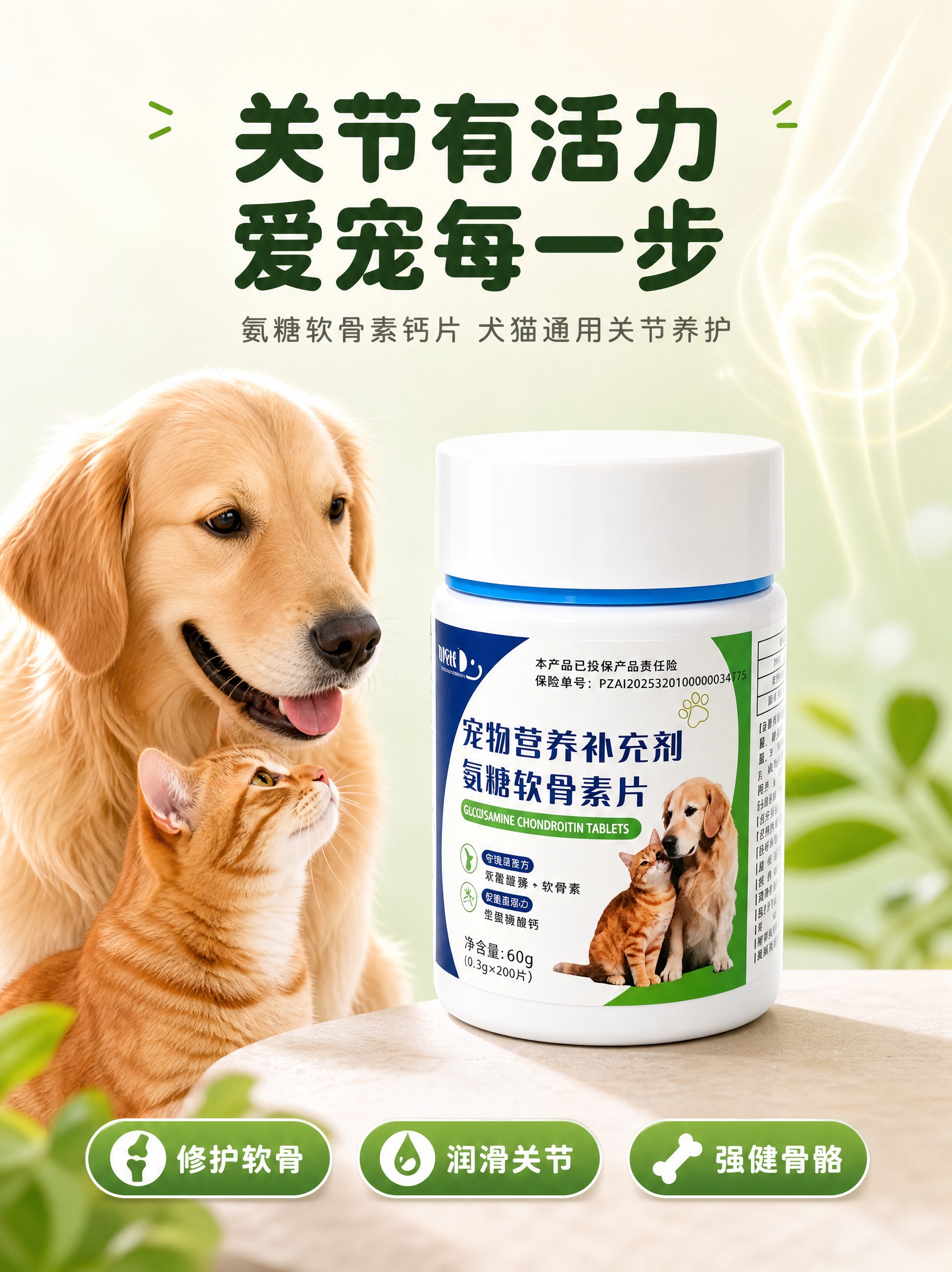 [商品] 使用【图1】宠物氨糖软骨素片产品瓶；保留白色瓶身、白… - 图片创意预览