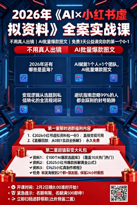 为我制作一张2026年《AI&小红书虚拟资料》实战课的海报。要求：背景音乐科技感，文字必须清晰，不要有错别字，严格按照我给的文案排版。底部预留二维码位置
🖼️信息图设计方案：2026 AI×小红书实预览效果