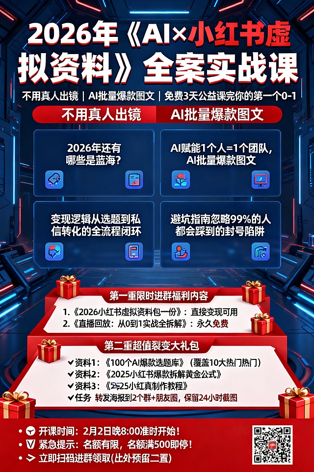 为我制作一张2026年《AI&小红书虚拟资料》实战课的海报。要求：背景音乐科技感，文字必须清晰，不要有错别字，严格按照我给的文案排版。底部预留二维码位置
🖼️信息图设计方案：2026 AI×小红书实战课
第一部分：主视觉/页头（Header）

•主标题（最大字号，醒目）：2026年《AI×小红书虚拟资料》全案实战课 
•副标题/亮点标签（次级字号，高亮显示）：不用真人出镜 | AI批量爆款图文 |  免费3天公益课跑完你的第一个 0-1  

--------------------------------------------------------------------------------
第二部分：核心课程模块 (Core Modules)

（建议排版：四宫格矩阵，每个点配一个小图标）
• 2026年还有哪些是蓝海？ 
• AI赋能1个人=1个团队，AI批量爆款图文 
• 变现逻辑从选题到私信转化的全流程闭环 
•  避坑指南忽略99%的人都会踩到的封号陷阱 

--------------------------------------------------------------------------------
第三部分：福利阶梯（奖励）

(建议排版：上下两层对比，或者用礼盒图标装饰)
第一重：限时进群福利（进群即领）
1. 《2026小红书虚拟资料包一份》：直接变现可用
2. 《直播回放：从0到1实战全拆解》：永久免费
第二重：超值裂变大礼包（完成任务解锁）（任务：转发海报到2个群+朋友圈，保留24小时截图） 
• ✨资料1：《100个AI爆款选题库》（覆盖10大热门热门）
• ✨资料2：《2025小红书爆款拆解黄金公式》
• ✨资料3：《AI写真制作教程》
• ✨资料4：《高转化私信成交话术库》（拿来即用）

--------------------------------------------------------------------------------
第四部分：行动召唤/页脚 (Call to Action)

(排版建议​​：通栏，使用紧迫感底部，如红色或橙色)
• ⏰ 开课时间：2月2日晚8:00准时开始！
• ⚠️紧急提示：名额有限，名额满500即停！
• 👉 立即扫码进群领取(此处设备二维码位置) 

--------------------------------------------------------------------------------
💡设计建议：
• ：最后建议使用科技感强的深蓝色搭配以醒目的红色或金色，体现“AI”与“变现”的主题。
•重点：将“不用真人出镜”和“AI批量放大”加粗或滤镜，这是吸引用户的核心痛点