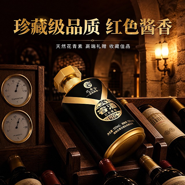 [主图-4] 花青谷睿酒私人酒窖收藏场景图，展示高端品质与收藏价值。
[统一基调] 京东平台风格，简洁稳重，文字占比小于30%，一图一重点。整体高端商务质感，深酒红渐变背景搭配金色光晕，主标题金色粗体字，辅助文案白色细黑体，强调色为酒红色与金色。
[画面] 花青谷睿酒斜躺放置在高端私人酒窖的实木酒架上，占画面中心约45%。酒架为深色橡木材质，周围还有其他珍藏酒瓶，背景是酒窖的石墙和拱形结构，暖黄色的壁灯灯光柔和洒落。瓶身旁有一支温度计和湿度计，体现专业收藏环境。整体画面营造高端收藏、品质珍藏的氛围。
[光影质感] 商业摄影质感，暖色调环境光，壁灯作为主光源从侧面照射，瓶身有金色反光，酒架木纹清晰，阴影自然柔和，整体氛围静谧尊贵。
[配色] 背景暖棕深色调，瓶身黑金配色，灯光暖金色，文字金色与白色，整体沉稳高端。
[文字版式] 画面上方主标题"珍藏级品质 红色酱香"金色粗体大字，下方小字"天然花青素 高端礼赠 收藏佳品"白色细黑体。
[输出要求] 1:1正方形比例，2048x2048像素，文字清晰可读，产品质感真实，场景自然融入，无错字，无水印，无平台Logo，无饮酒动作。
