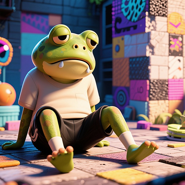 帮我生成一个蛤蟆先生的图片，他穿着浅色的短袖，黑色的短裤。坐在地上，神情颓废，情绪低落。