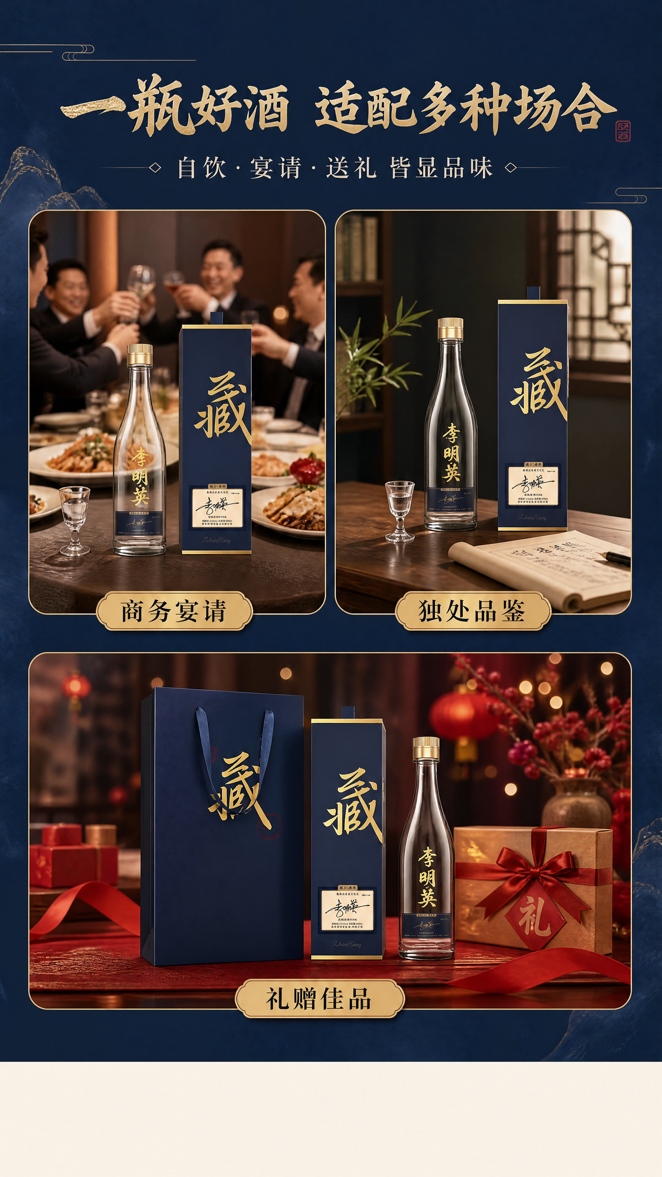 [商品] 使用【图1】李明英白酒礼盒与酒瓶；保留深蓝礼盒、藏字… - 图片创意预览