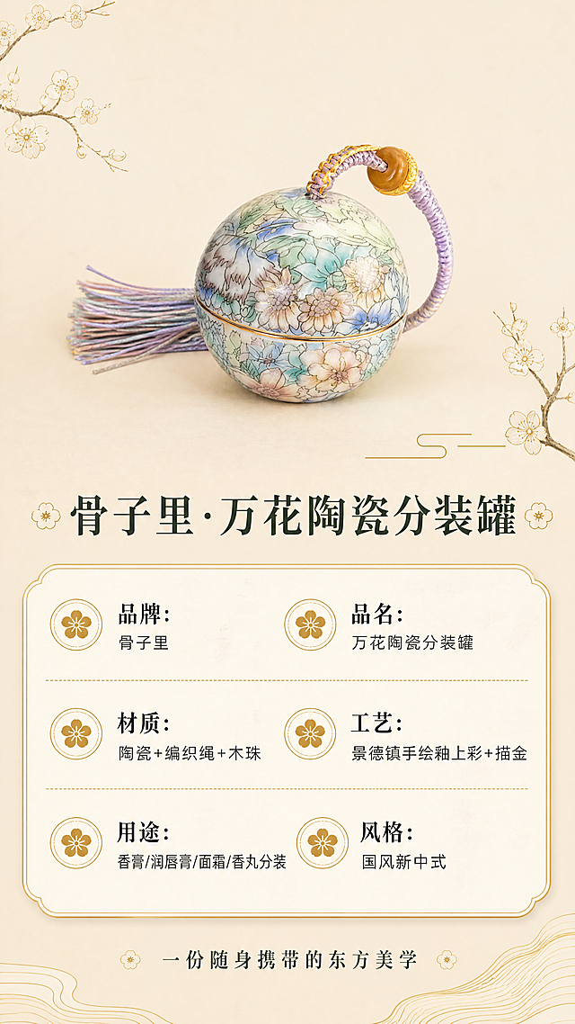 [商品] 使用【图1】骨子里·万花陶瓷分装罐；保留球形罐体、万花图案、金色描边、紫色挂绳流苏的完整外观；产品正面展示，清晰端正。
[画面] 页面目标：规格信息页，清晰呈现产品参数与品牌信息，收尾收口。构图：竖版9:16，上半部分为产品标准照（占画面约45%），置于浅米色雅致背景中央；下半部分为圆角信息卡，分模块列出产品信息；旁侧点缀小朵干花与金线装饰，保持国风美感。
[视觉] 套系策略：风格=国风新中式轻奢商业摄影；标题字=宋体衬线粗体；正文字=简洁细黑体；主色=繁花多彩（紫/青/粉/金），背景延展=米杏色+浅金做深浅层级、细腻宣纸质感；强调色=描金，用于信息卡边框和分隔线；标题色=深墨绿；正文色=深炭灰；组件=圆角金线信息卡、细金线分隔、梅花小图标；光影=正面均匀柔光，产品清晰无阴影，无光斑。
[文字] 产品下方主标题「骨子里·万花陶瓷分装罐」，下方信息卡分栏横排：「品牌：骨子里」「品名：万花陶瓷分装罐」「材质：陶瓷+编织绳+木珠」「工艺：景德镇手绘釉上彩+描金」「用途：香膏/润唇膏/面霜/香丸分装」「风格：国风新中式」；底部一行「一份随身携带的东方美学」；所有文字横排，字号保证手机端清晰可读。
[规格] 图片比例9:16竖版，4K分辨率，负向提示：光斑、过曝、模糊、错字、文字竖排、产品变形、冷色调、水印、二维码。
