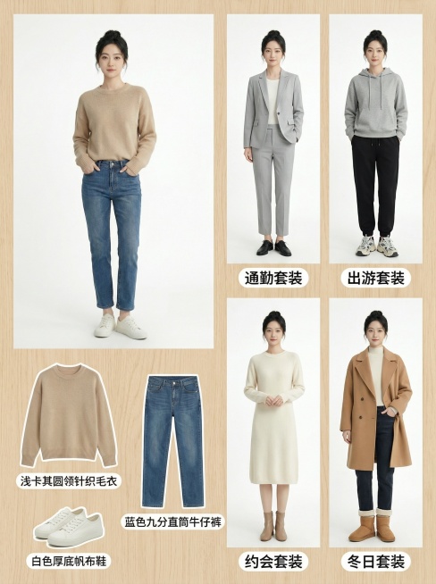 简约日常风，高盘丸子头带碎发修饰的温婉清新女生，左侧拆分原穿搭，标注「浅卡其圆领针织毛衣、蓝色九分直筒牛仔裤、白色厚底帆布鞋」，右侧展示4套场景服装，每套均完整展示脚腿穿搭：1. 通勤套装：浅灰西装+预览效果