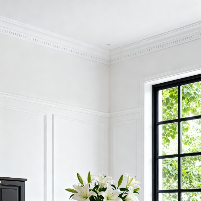 简约风格的室内局部场景图，整体以白色为主色调，呈现出干净明亮的氛围：
墙面是纯白色的护墙板 / 墙裙设计，搭配简洁的白色吊顶，边缘有精致的白色石膏线装饰，线条利落。
右侧是一扇黑色框架的多格窗户，窗外预览效果