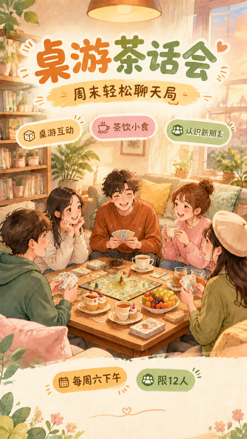 基于这张桌游茶话会海报，移除右下角的二维码占位方块，将底部区域… - 图片创意预览